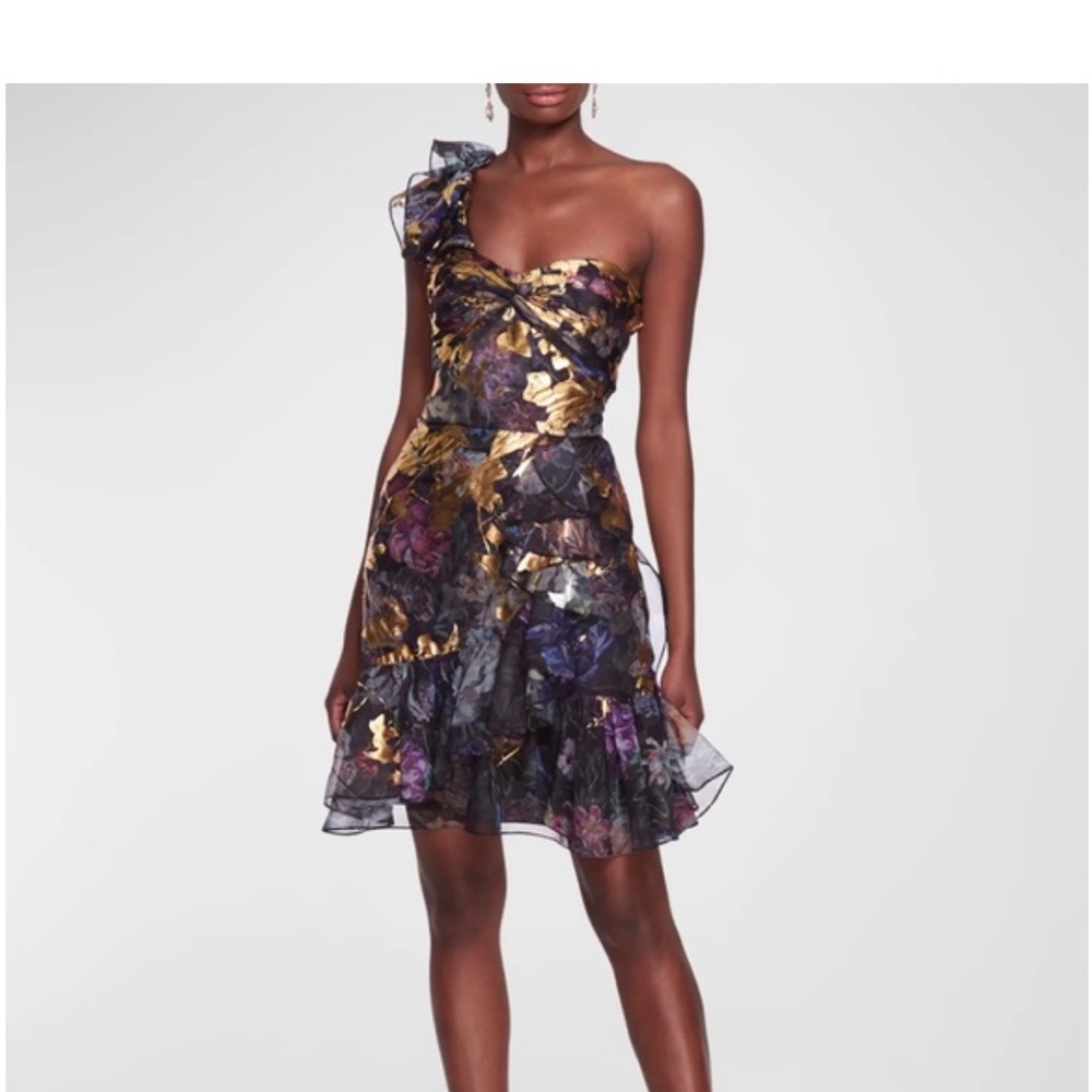 Marchesa Notte Floral print One-shoulder ruffle dress formal